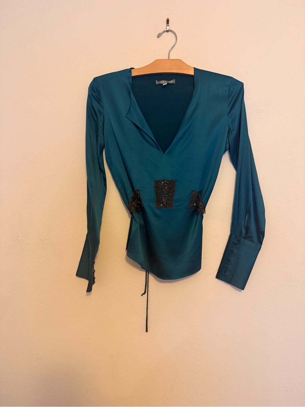 Teal Satin V-Neck Long Sleeve Top with Beaded Waist Panels